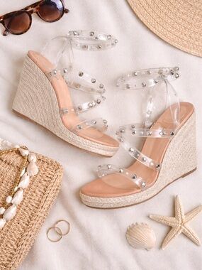 Dolce Vita Marika Espadrille Wedge Sandals Clear Strap with Studs